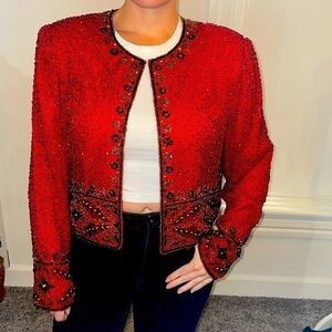 Vintage Laurence Kazar Beaded Jacket Red, Black and Gold Size Large Petite